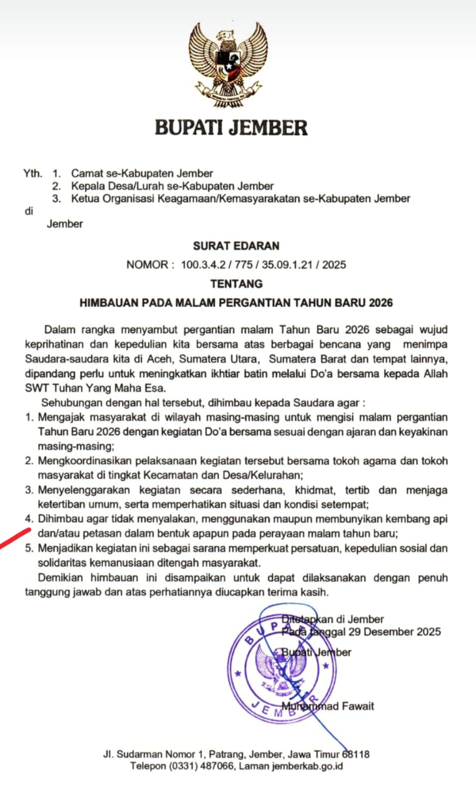 Larang Nyalakan Kembang Api, Bupati Jember Ajak Rayakan Tahun Baru 2026 dengan Doa dan Sholawat